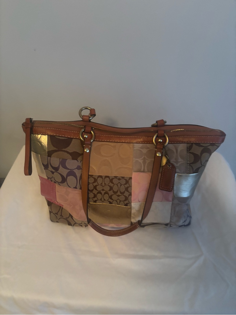 Coach Patchwork Signature Tote - Pink, Tan & Gold Accents